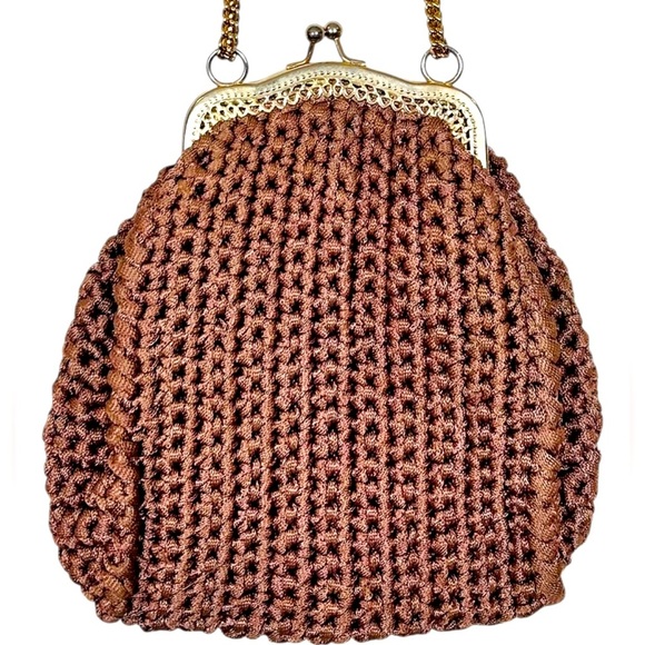 None Handbags - Vintage 60s Crocheted Handbag, Decorative Gold Frame & Chain, Kiss Clasp